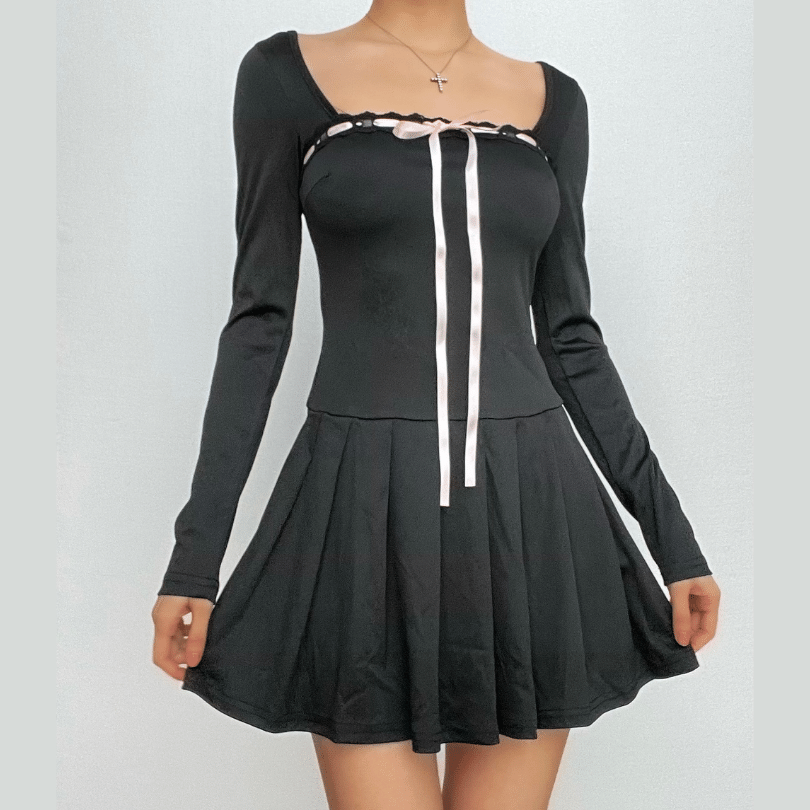 Square Neck Lace Trim Ribbon Bow Pleated Skirt Long Sleeve Mini Dress