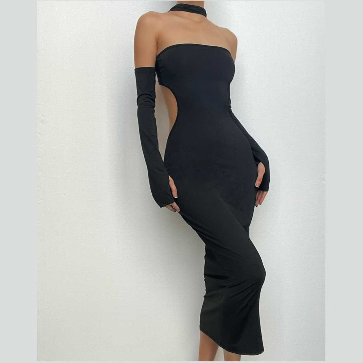 Halter Choker Glove Thumbhole Side Cutout Backless Midi Dress