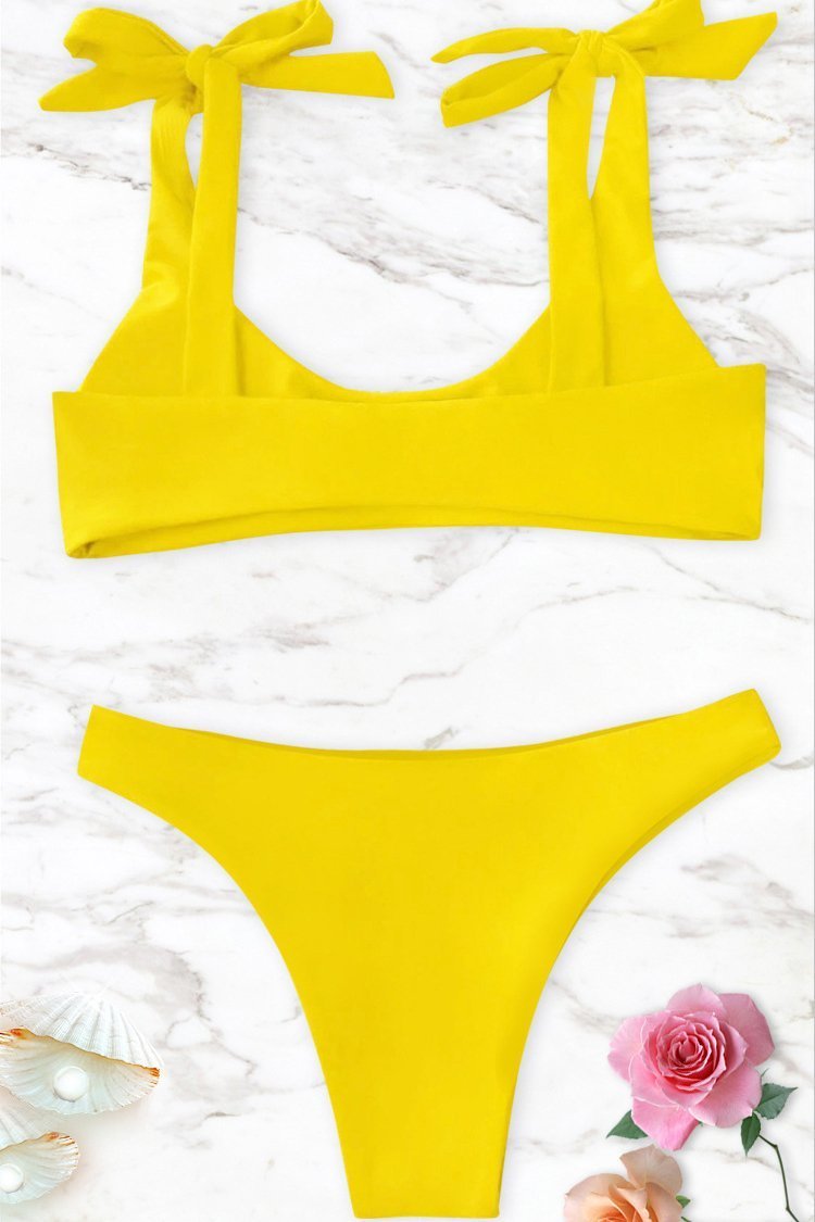 Yellow Scoop Tie Shoulder High Cut Cheeky Sexy Bikini Bathing Suit