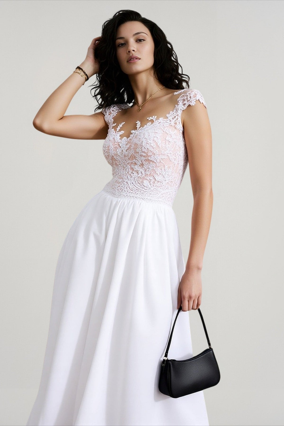 Crochet Lace Cap Sleeve A-Line Maxi Dress