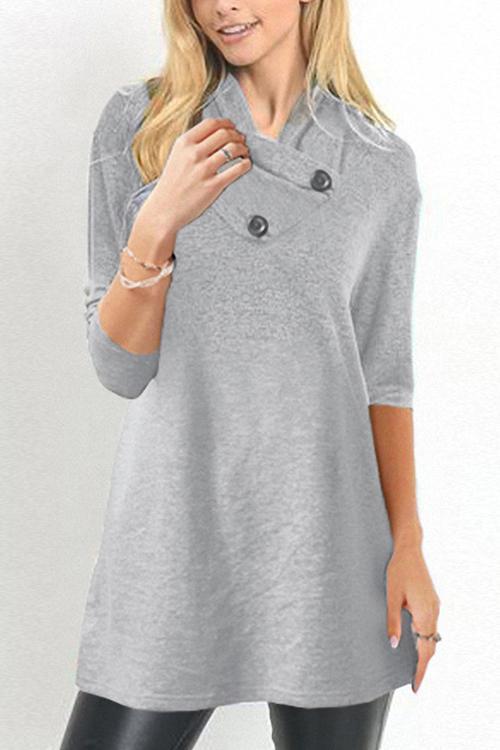 Fashion High Collar Button Long Sleeve Female T-shirt