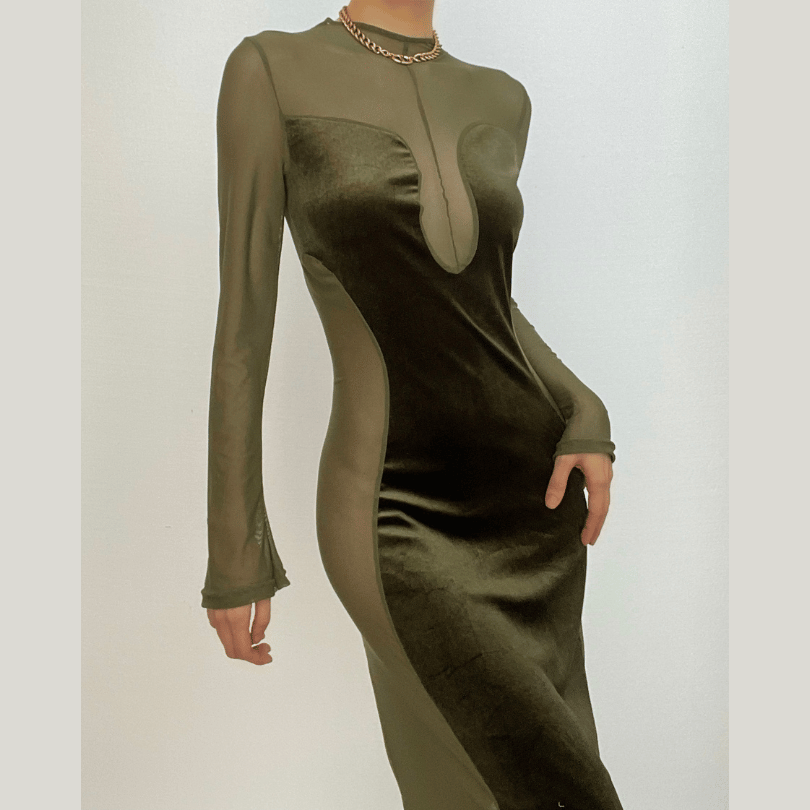 Mock Neck Mesh Panel Velvet Long Sleeve Bodycon Maxi Dress