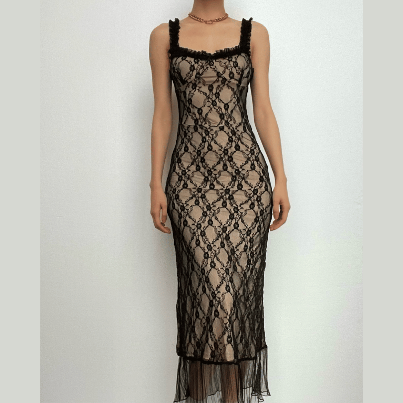 Square Neck Lace Overlay Ruffle Hem Sleeveless Midi Dress