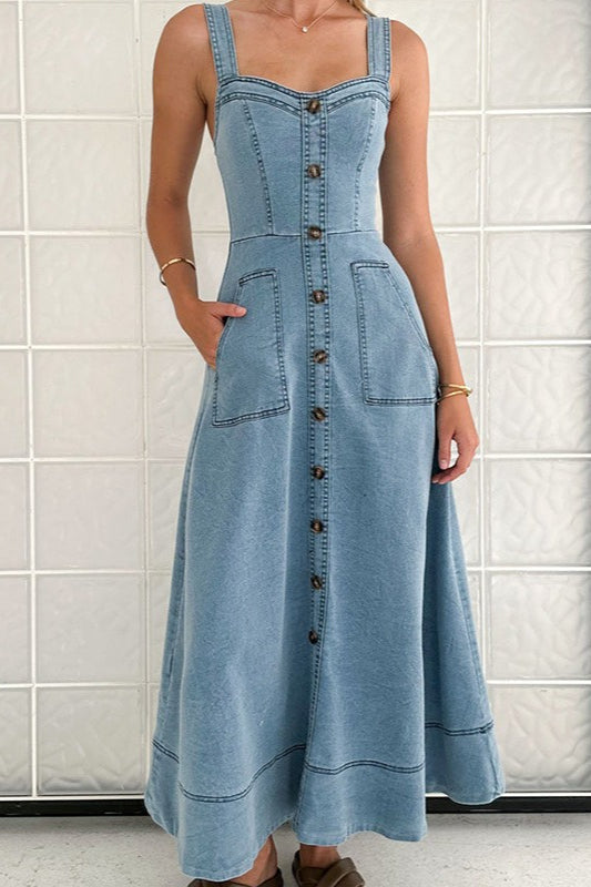 Denim Square Neck Button Front Patch Pocket A-Line Maxi Dress 6