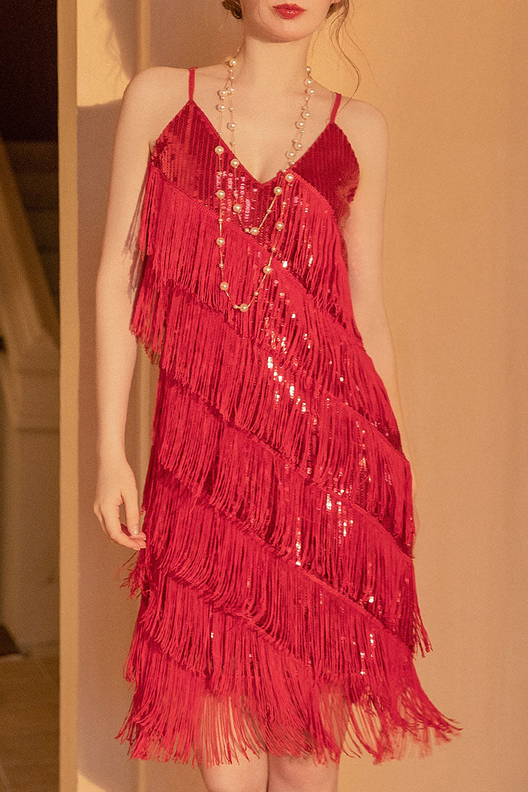 Sequin Deep V-Neck Spaghetti Strap Tiered Fringe Flapper Midi Dress