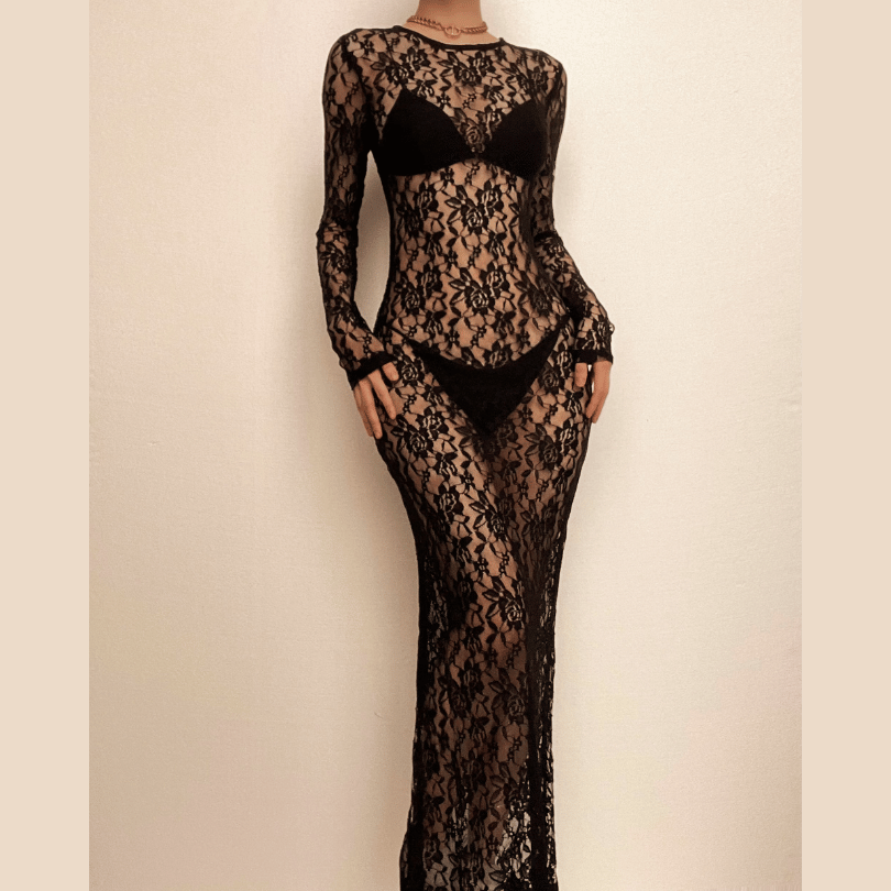 Floral Lace Long Sleeve Crewneck Sheer Bodycon Maxi Dress