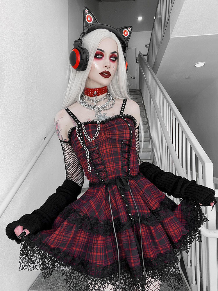 Plaid Corset Lace-Up Tiered Lace Trim Slip Mini Dress