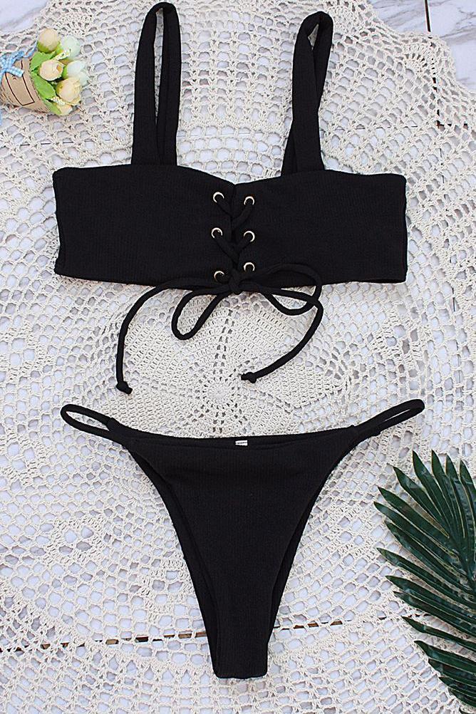Black Strappy Lace Up High Cut Ribbed Thong Sexy Bikini Swimsuit