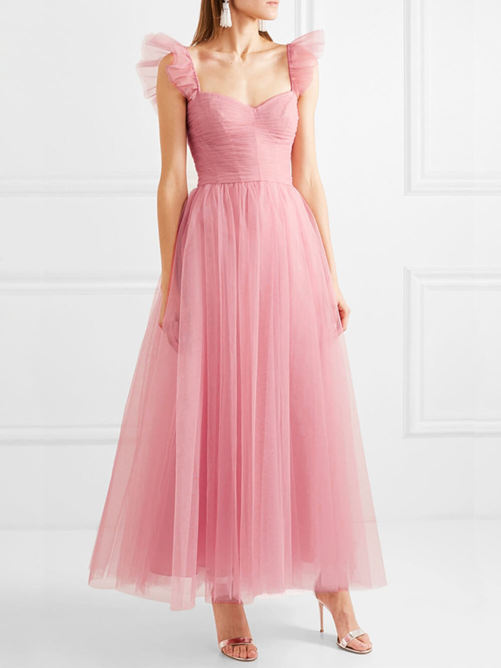 Sweetheart Neck Ruched Tulle Flutter Shoulder Maxi Gown