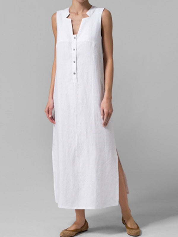 Sleeveless Notched Collar Button Front Linen Maxi Dress with Side Slits