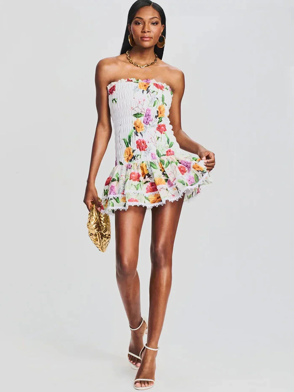 Strapless Smocked Bodice Ruffle Tier Scalloped Lace Trim Floral Print Mini Dress