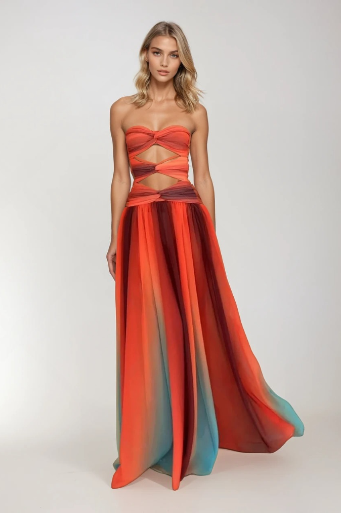 Ombre Twisted Band Cutout Strapless Pleated Maxi Gown