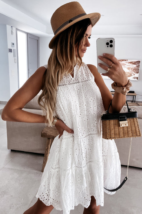 Tie Neck Eyelet Crochet Tiered Babydoll Mini Dress 2