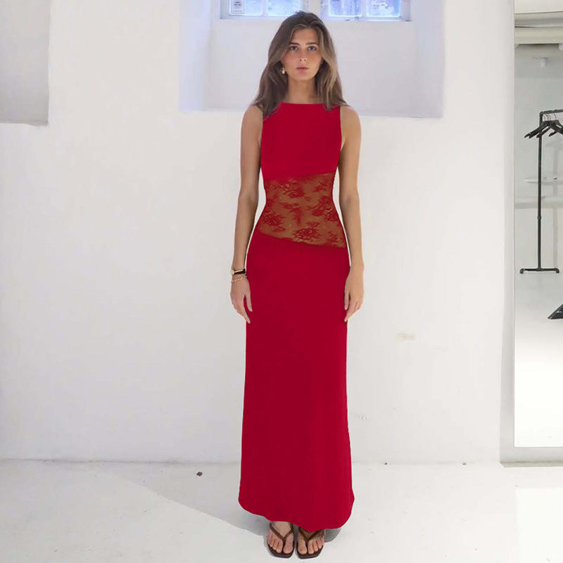Boat Neck Asymmetric Lace Panel Bodycon Column Maxi Dress
