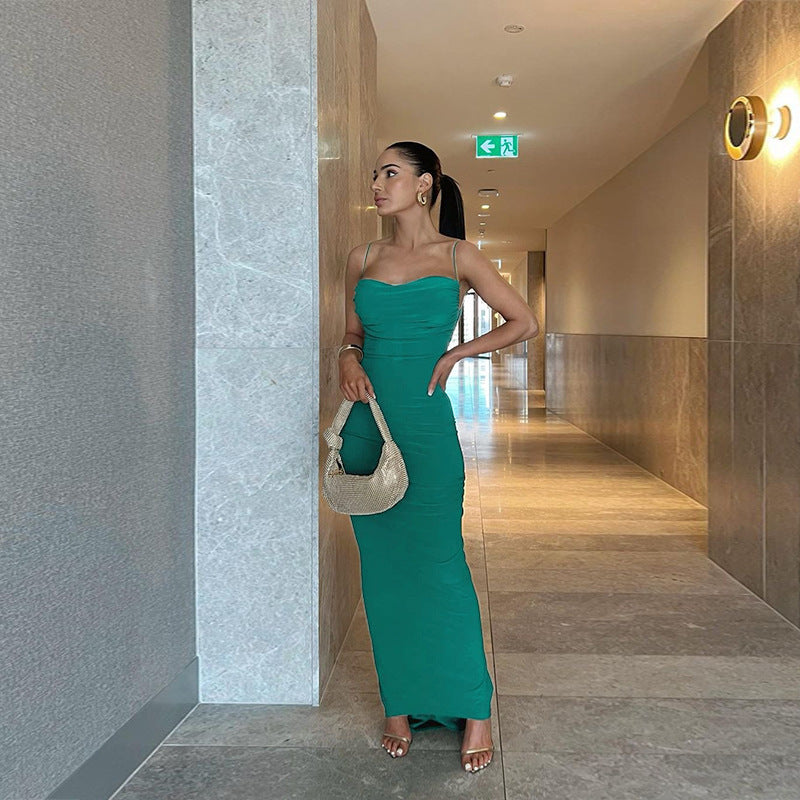 Halter Deep V Ruched Bodice Center Panel Drape Maxi Gown