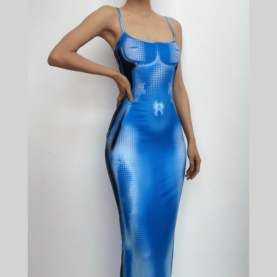 Square Neck Spaghetti Strap Trompe Loeil Contour Print Bodycon Maxi Dress 9