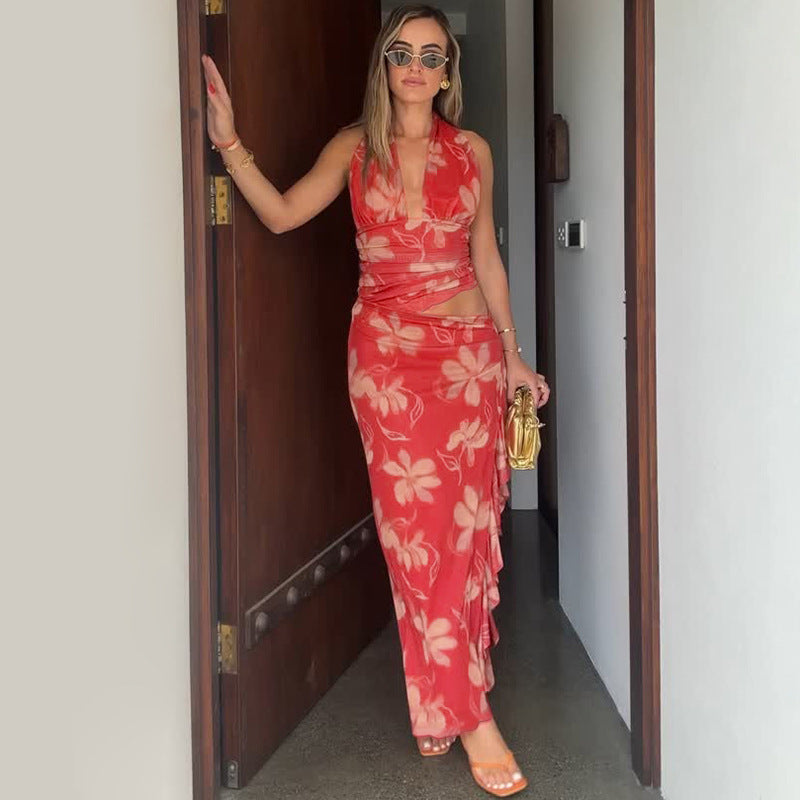 Halter Plunging V Neck Floral Ruched Ruffle Side Slit Maxi Set
