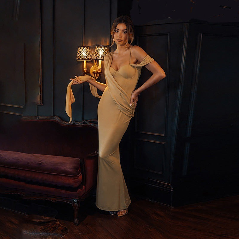 Asymmetrical Corset Sweetheart Drape Sash Column Maxi Gown