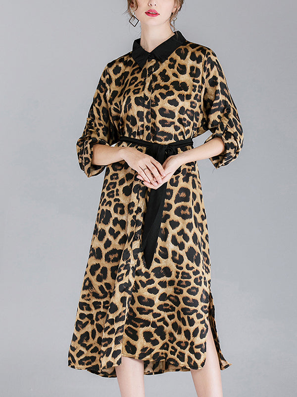 Contrasting Lapel Spotted Print Button Front High Slit Midi Shirt Dress 10