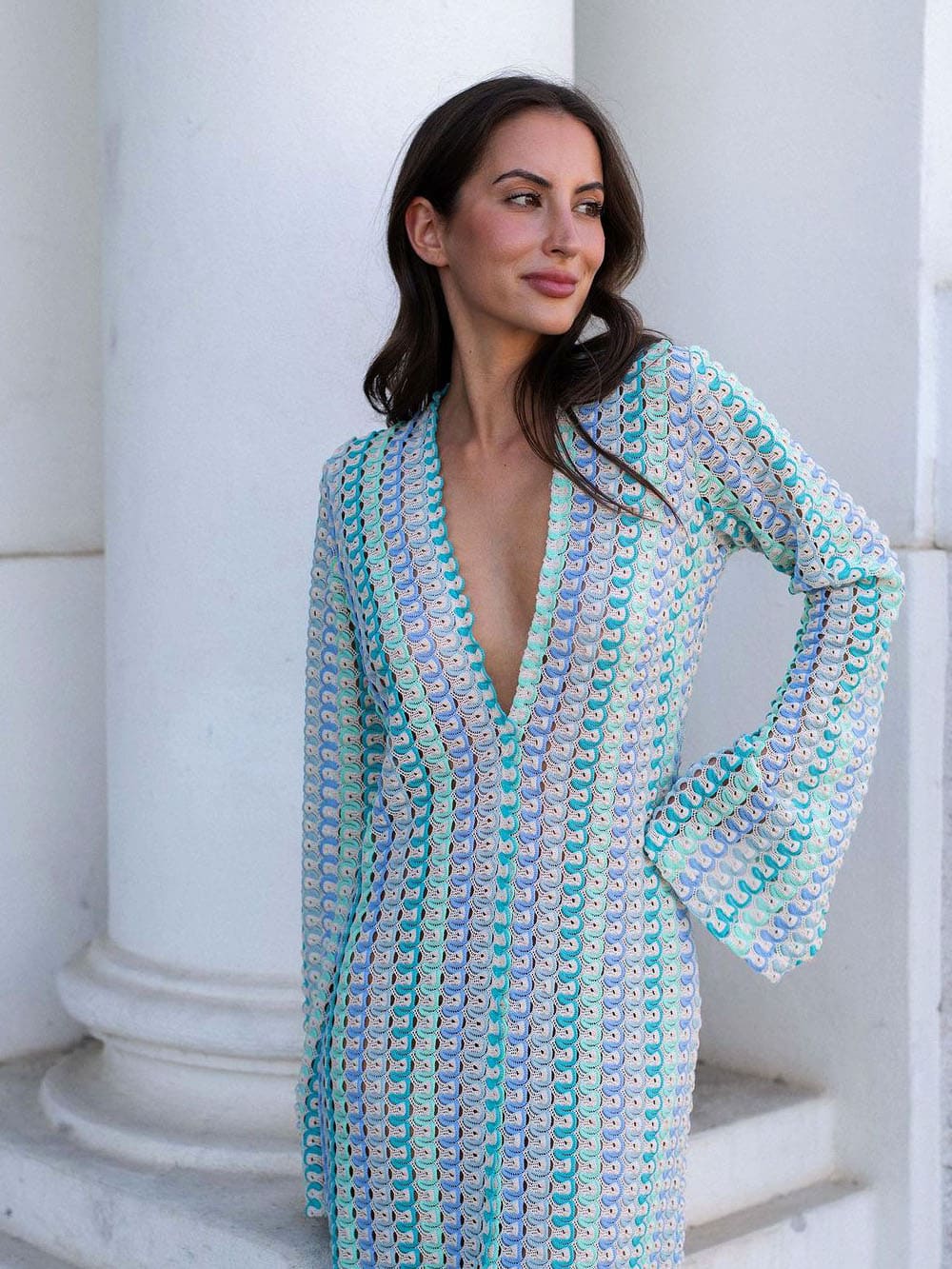 Wavy Stripe Crochet Deep V-Neck Long Sleeve Front Slit Maxi Dress 2