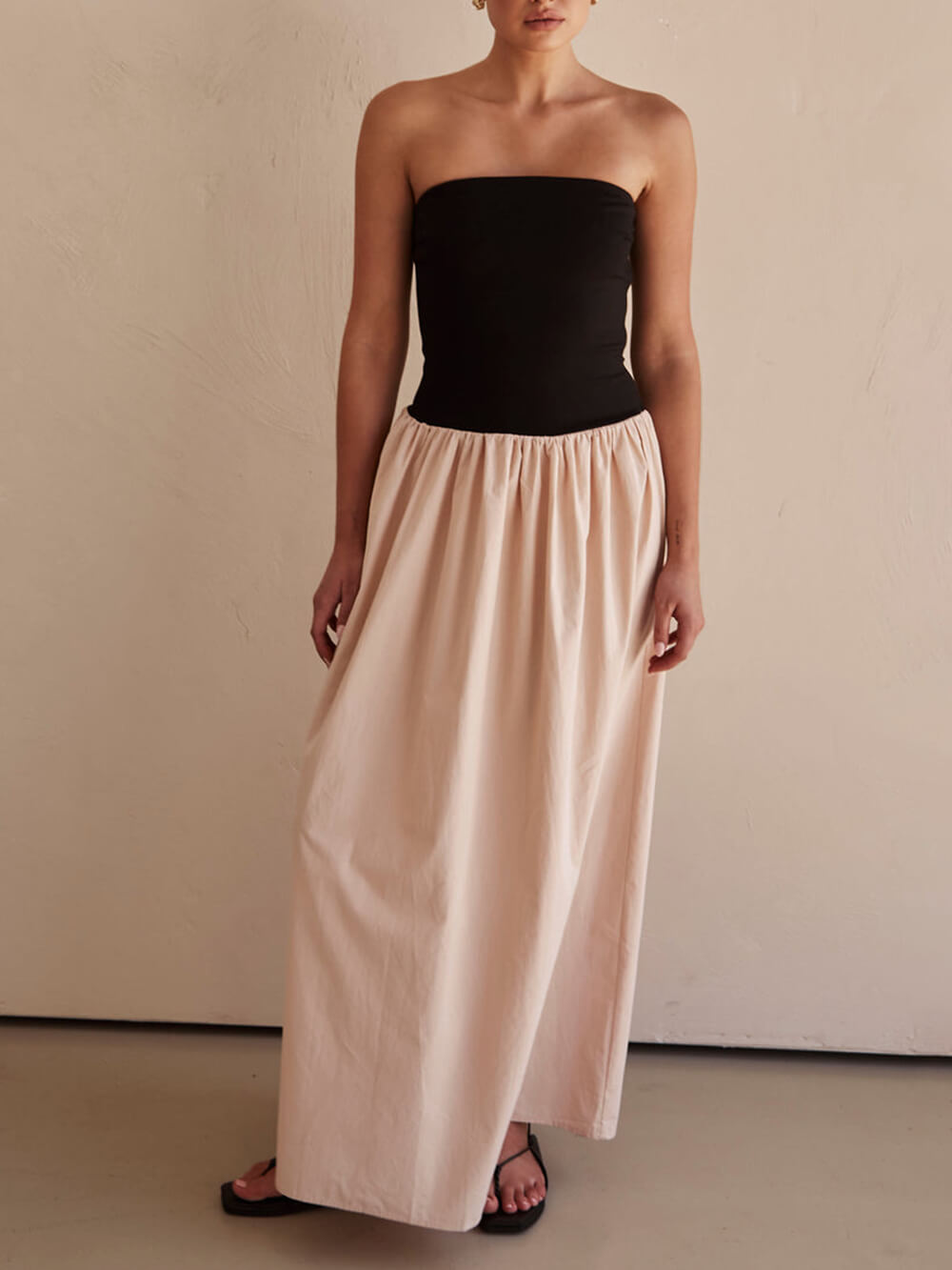 Strapless Bandeau Two-Tone Colorblock Gathered Waist Maxi Gown
