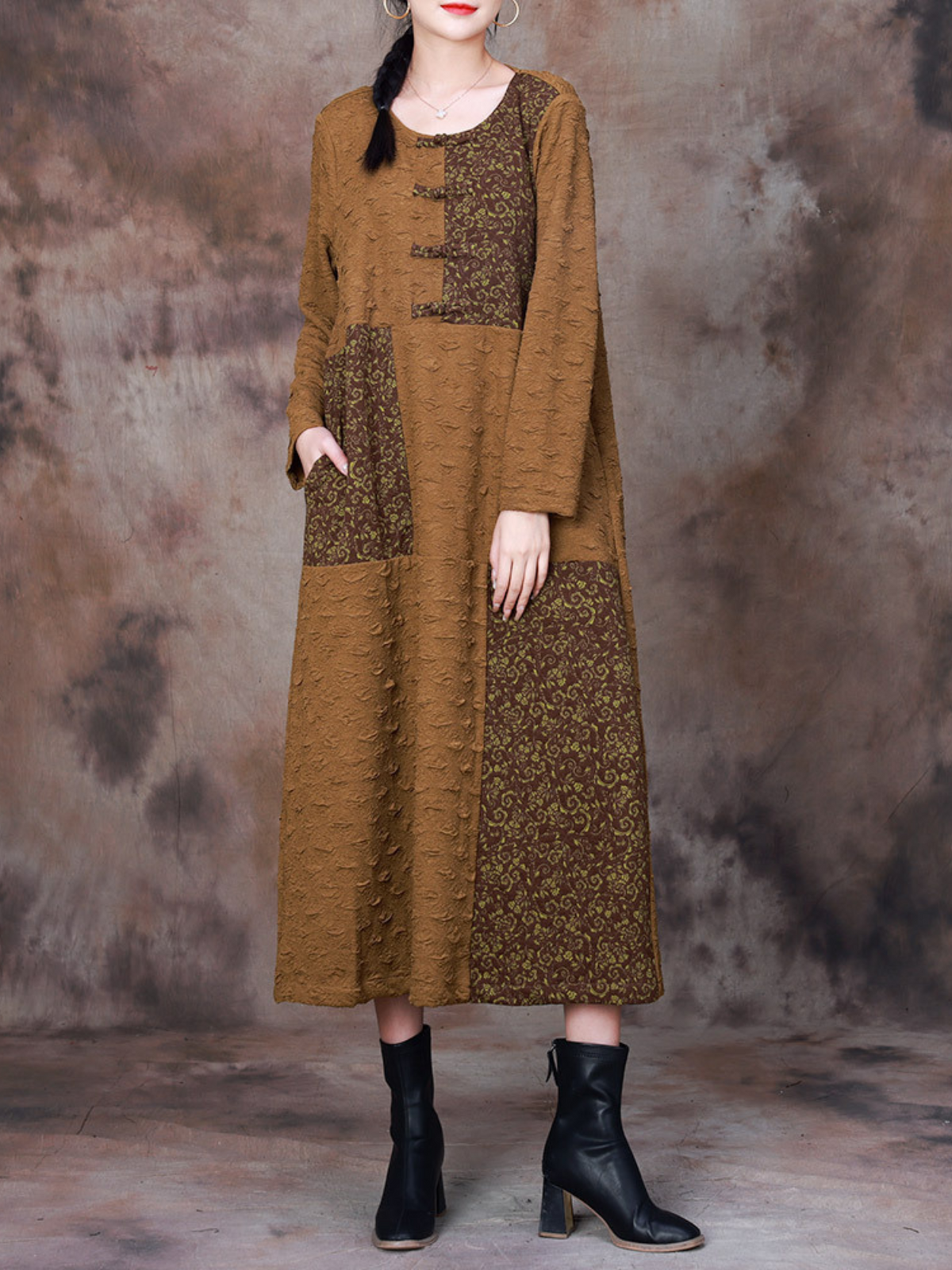 Round Neck Frog Button Patchwork Pocket Textured Midi Shift Dress