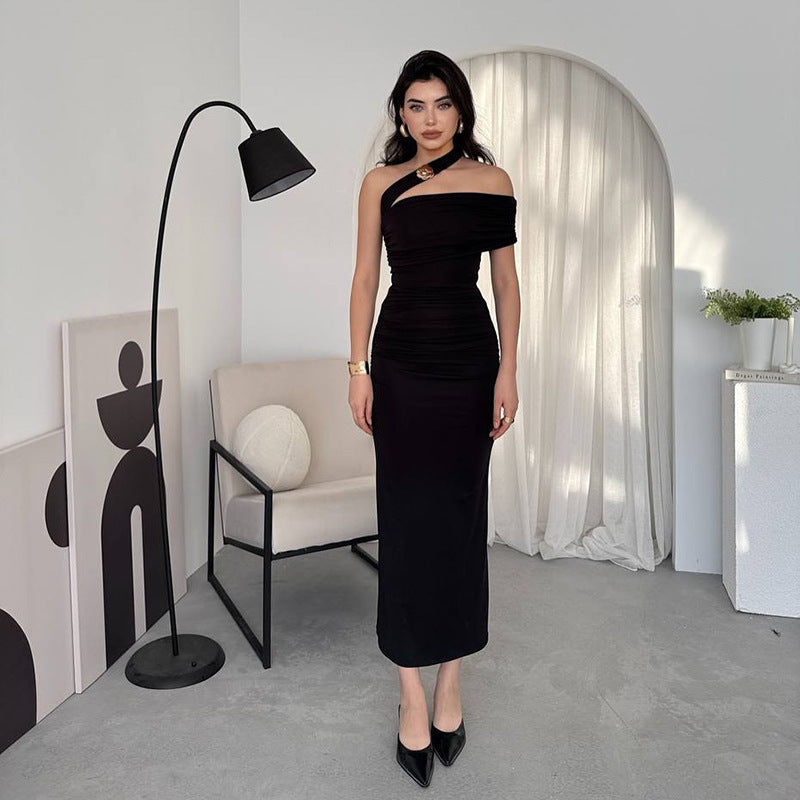 One Shoulder Cutout Ruched Draped Column Maxi Gown