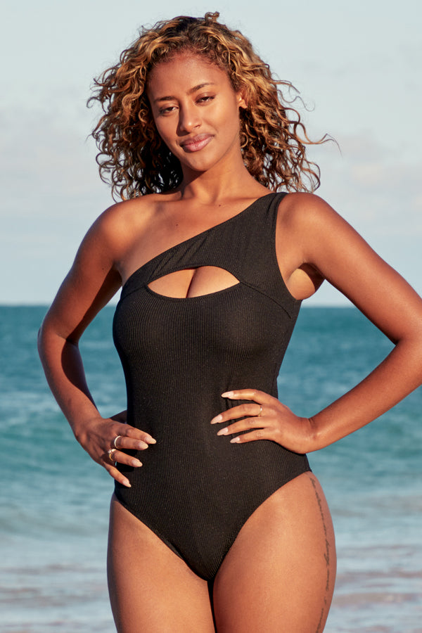 Black And Cutout Front Ribbed One Piece Swimsuit