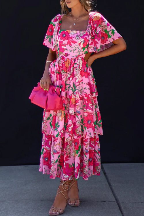 Square Neck Flutter Sleeve Waist Cutout Tiered Ruffle Floral Midi Dress