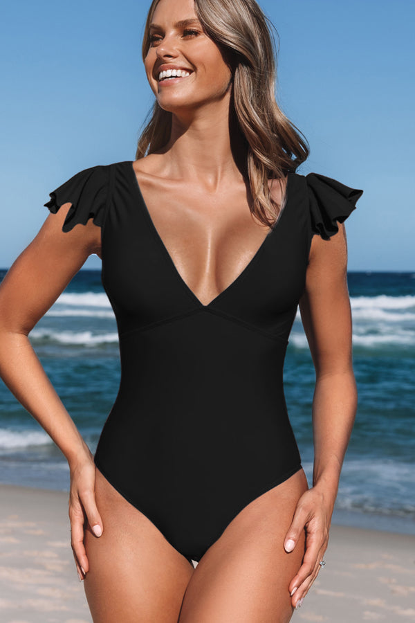 Solid Color Ruffle Shoulder V Neck One Piece Swimwear