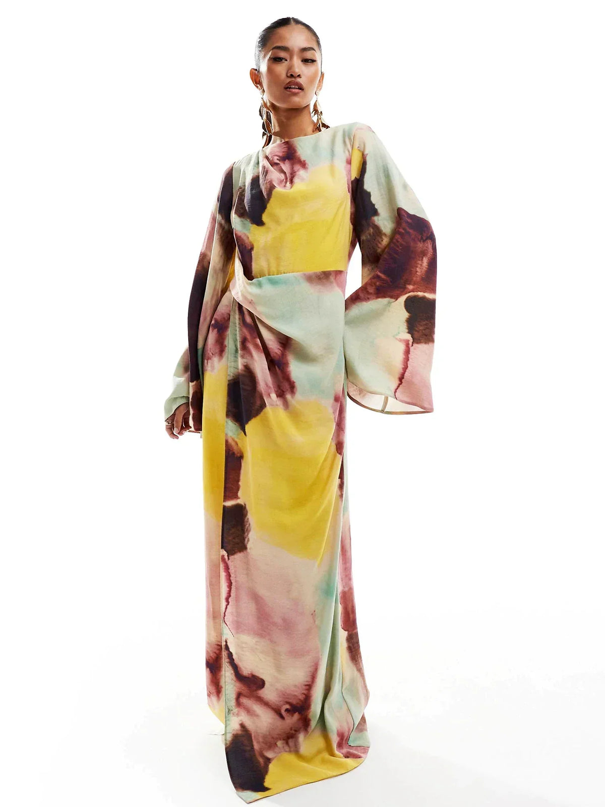 Abstract Watercolor Print Boat Neck Bell Sleeve Maxi Dress