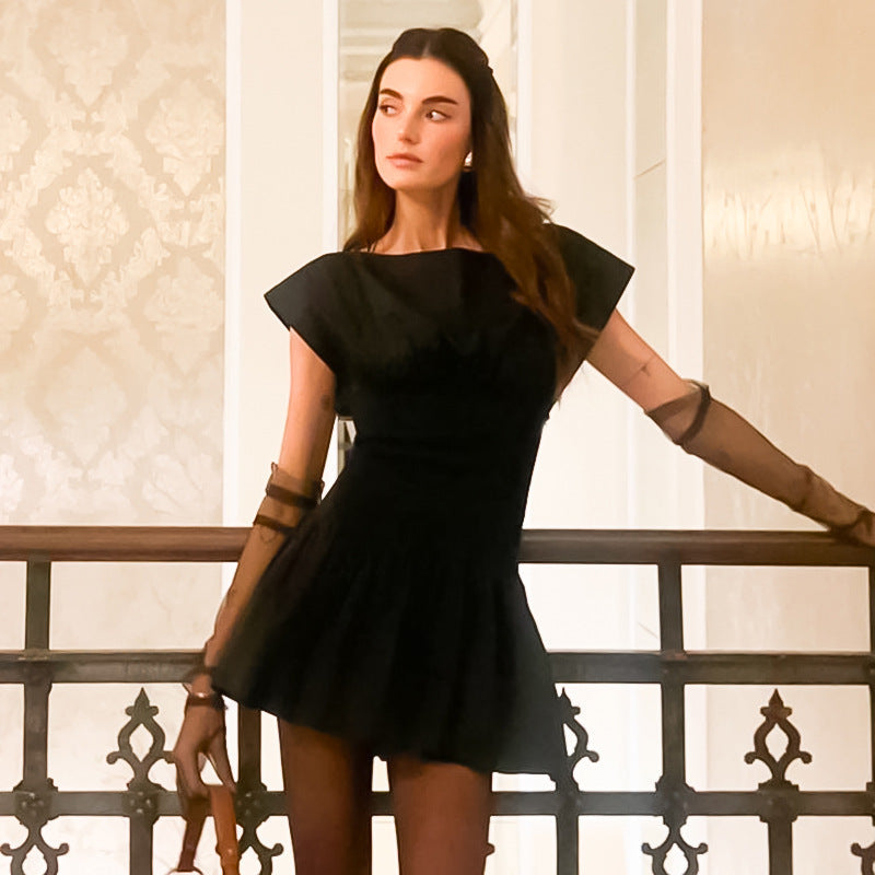 Boat Neck Cap Sleeve Fit and Flare Pleated Skater Mini Dress