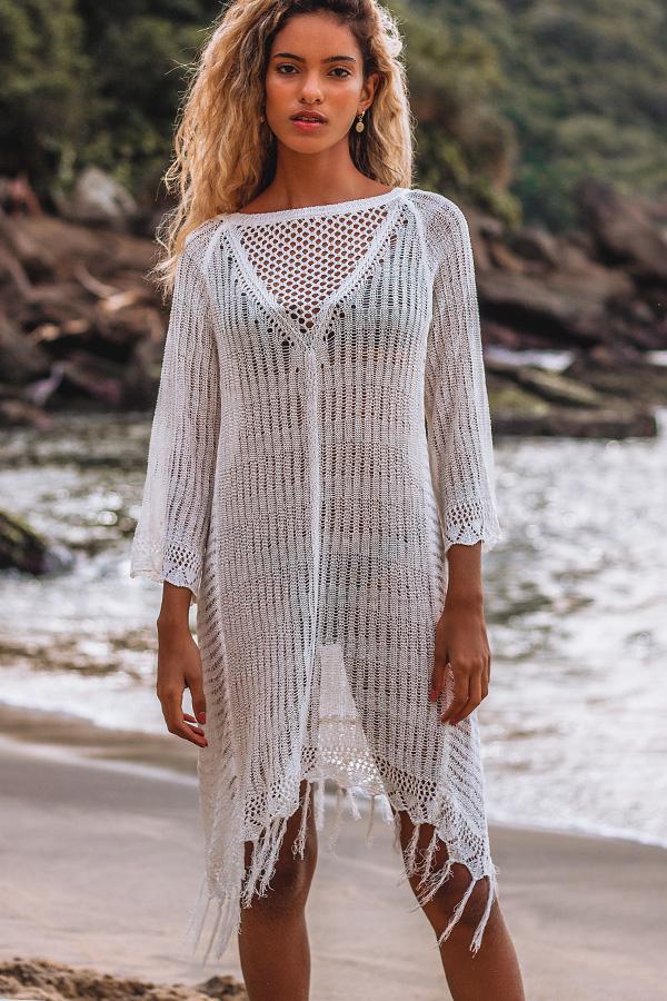 Knitted Hollow Tassel White Cover Up