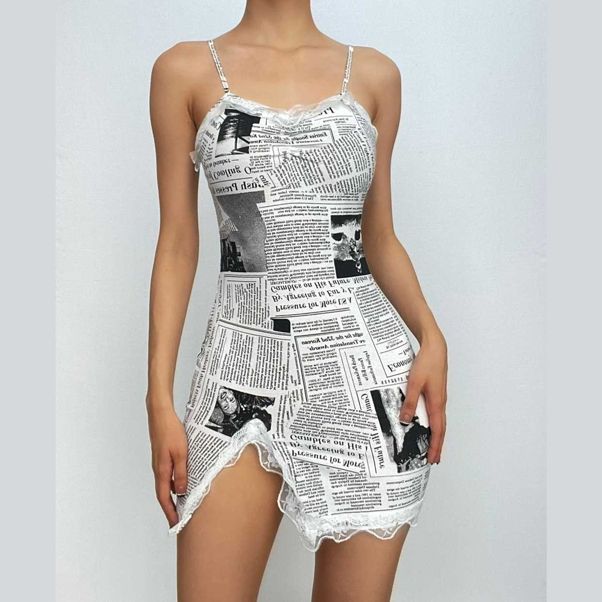 Newspaper Print Lace Trim Side Slit Spaghetti Strap Mini Dress