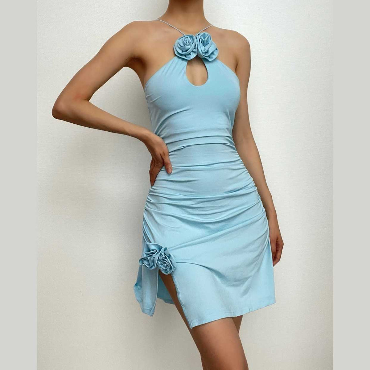 Halter Flower Applique Keyhole Ruched Side Slit Mini Dress 9