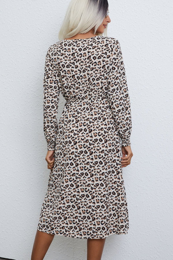 Leopard Print Long Sleeve Side Slit Dress