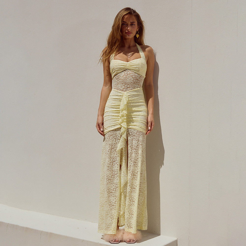 Halter Ruched Lace Insert Front Ruffle Panel Maxi Dress