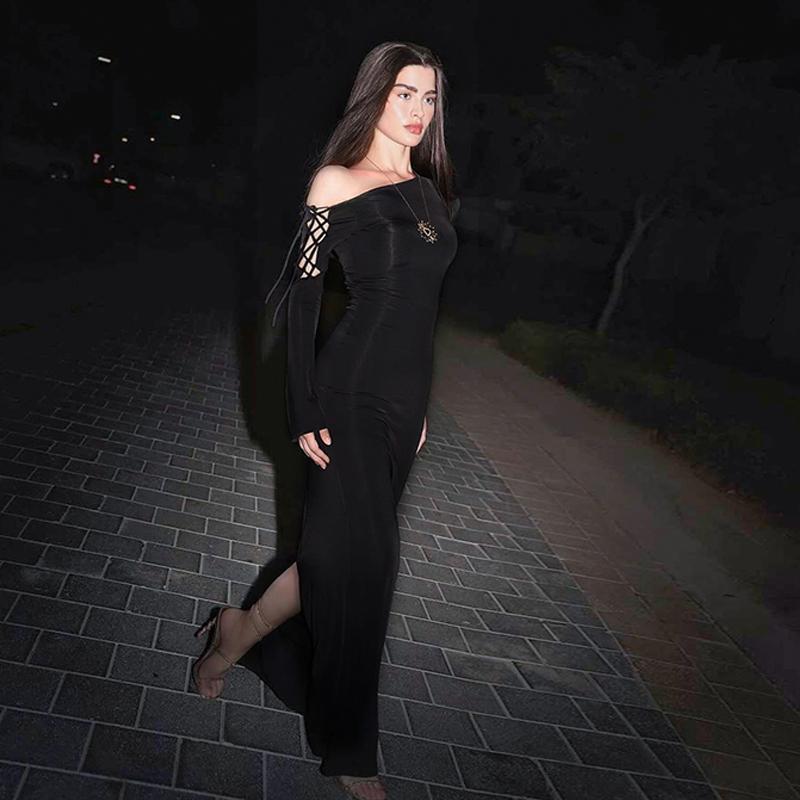 One Shoulder Lace Up Sleeve High Slit Bodycon Maxi Dress