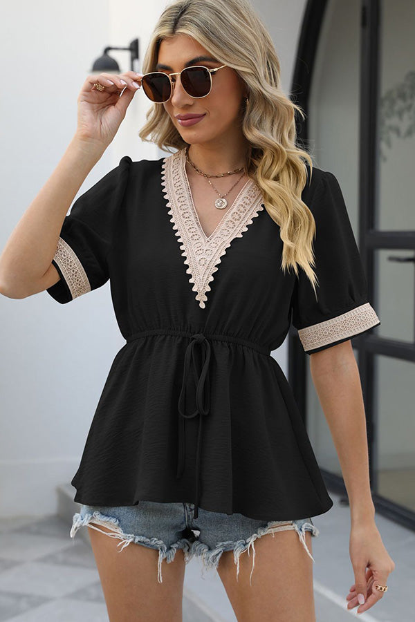V Neck Solid Short Sleeve Casual Tops