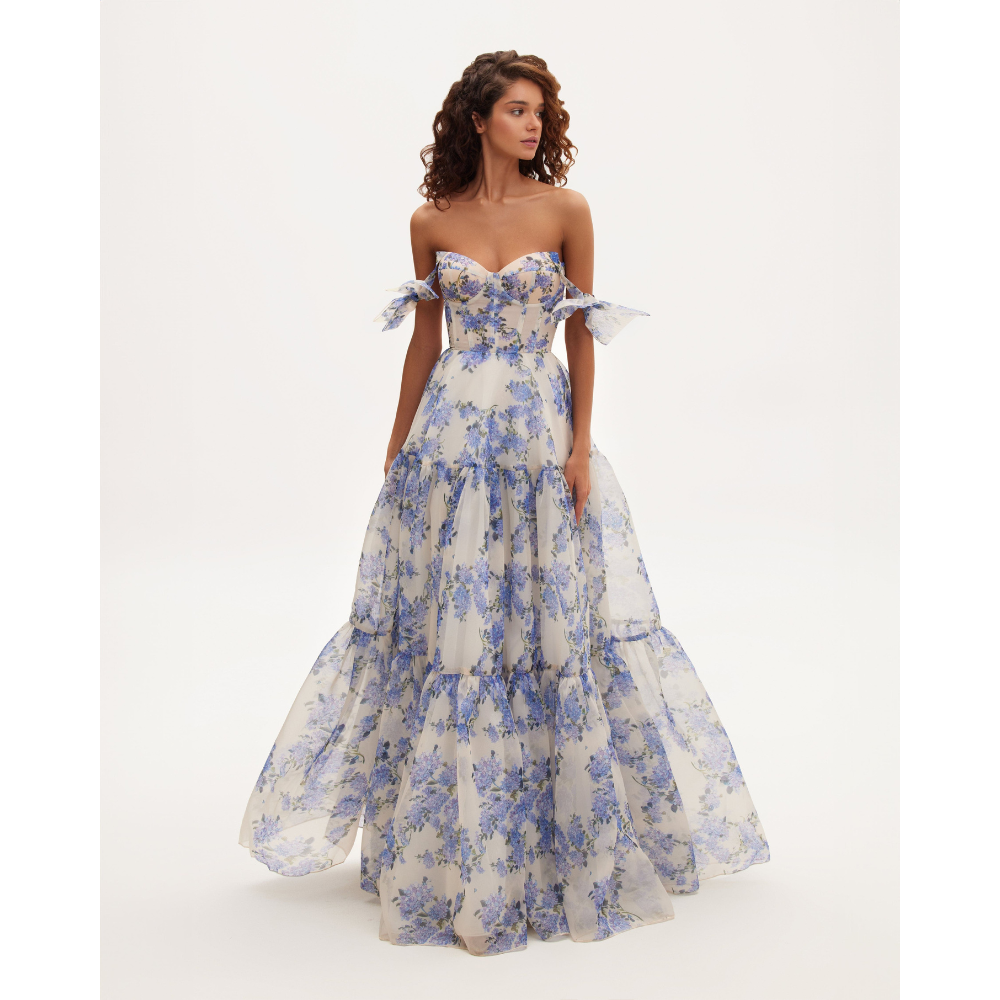 Off Shoulder Corset Bodice Tiered Floral Print Ball Gown