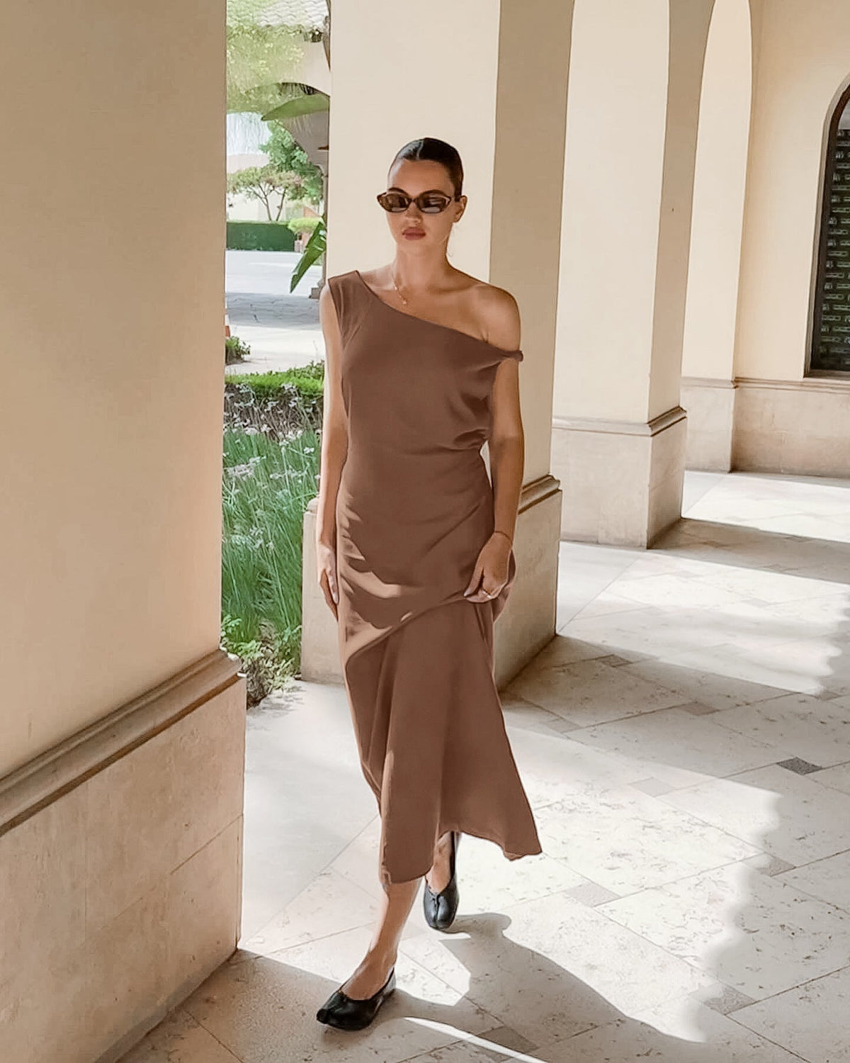 Halter Deep V Ruched Bodice Center Panel Drape Maxi Gown