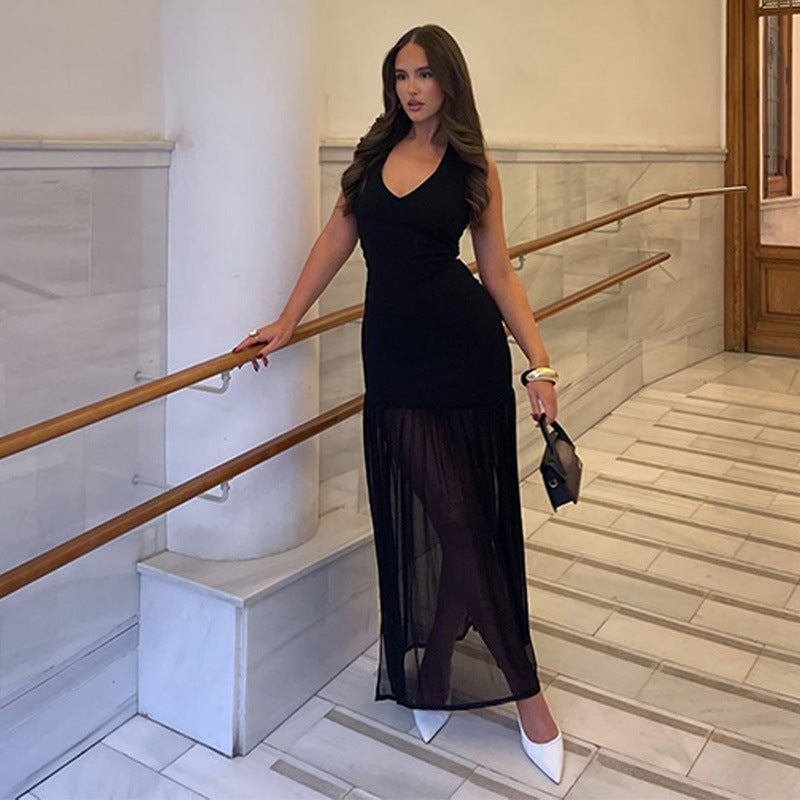 Deep V-Neck Sleeveless Mesh Overlay Maxi Dress