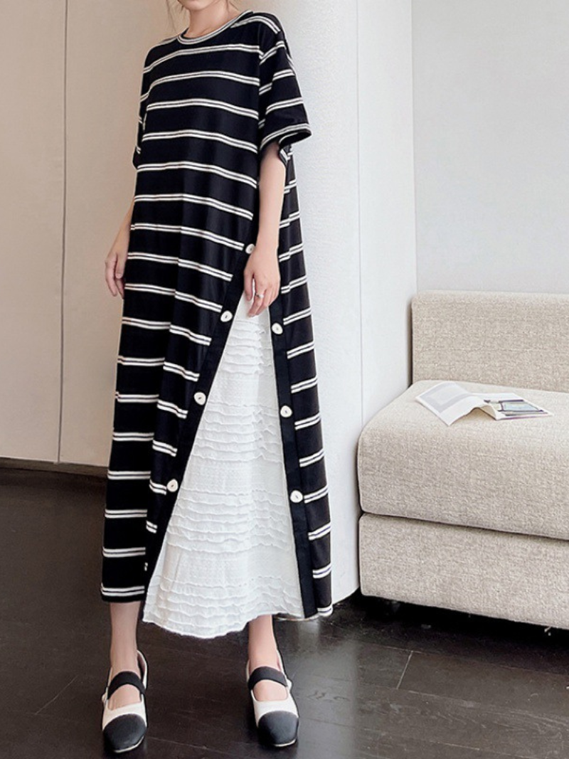 Horizontal Stripe Oversized Button Side Slit Tiered Ruffle Layered Midi Dress