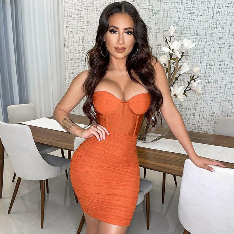 Sweetheart Corset Boning Mesh Ruched Bodycon Mini Dress