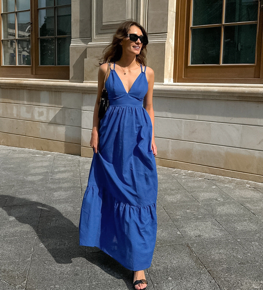 Halter Deep V Ruched Bodice Center Panel Drape Maxi Gown