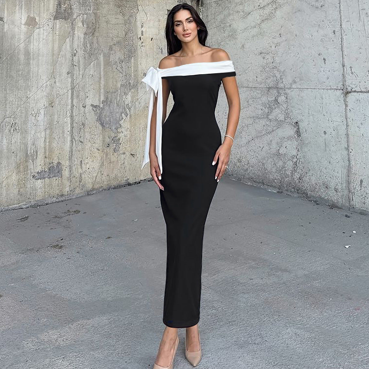 Off Shoulder Oversized Bow Sash Column Maxi Gown
