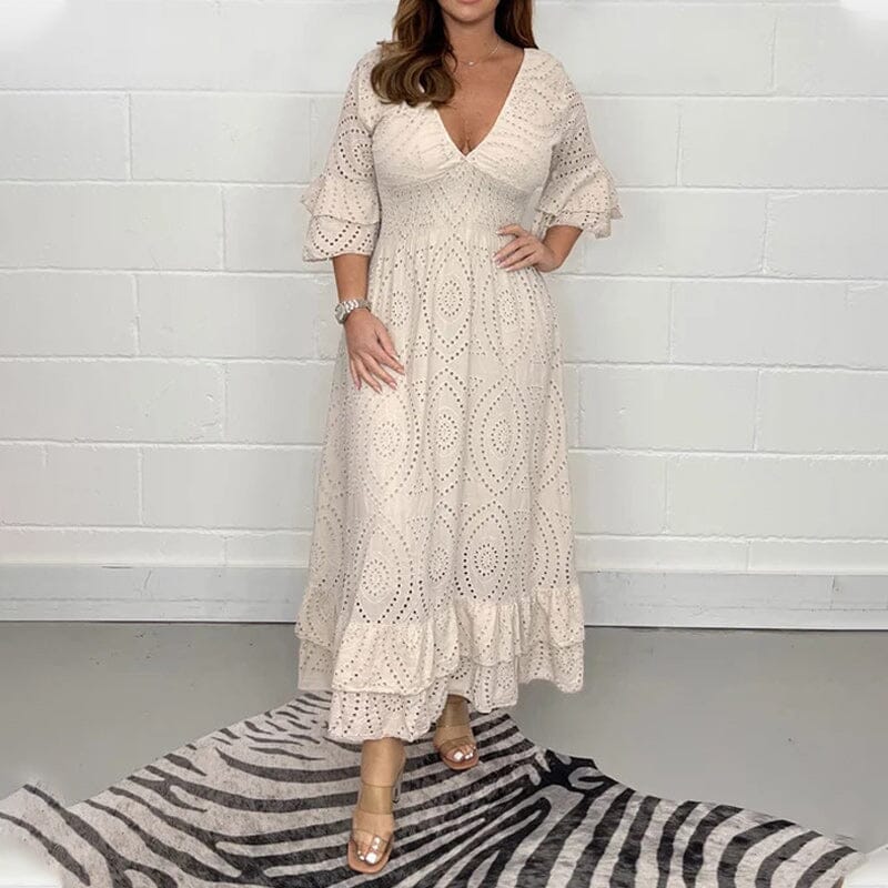 Broderie Anglaise Deep V-Neck Smocked Waist Tiered Ruffle Cuff Maxi Dress 3