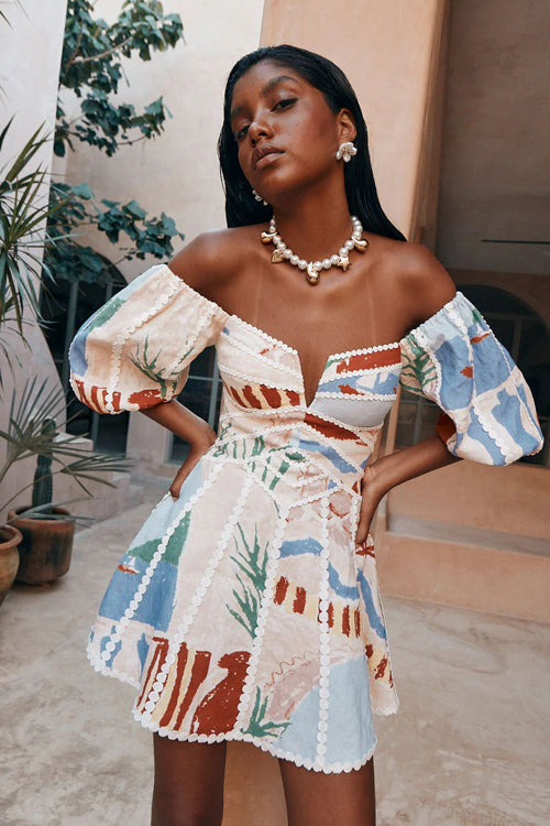 Off Shoulder Print Bishop Sleeve Wrap Waist Mini Dress