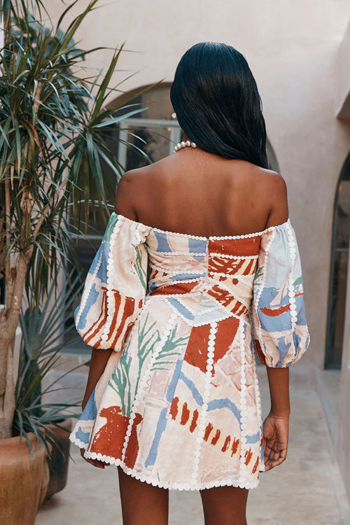 Off Shoulder Print Bishop Sleeve Wrap Waist Mini Dress 4