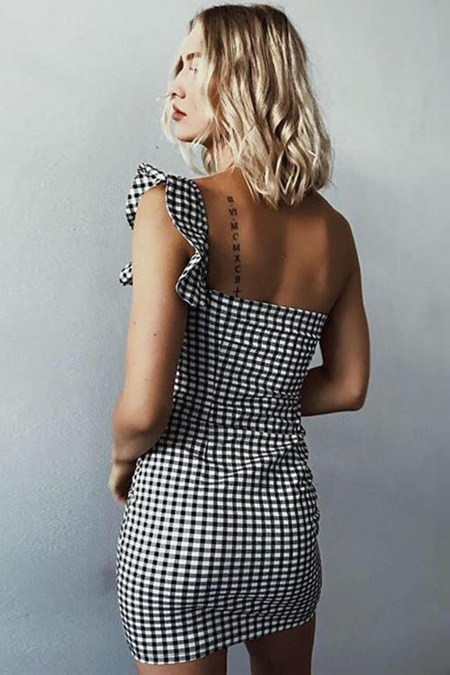 Square Neck Ruffle Trim Tartan Shift Mini Dress 2